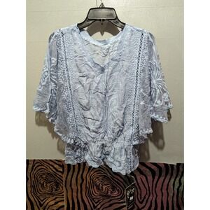 Vxuanni womens L sheer butterfly sleeve baby blue embroidered design shirt top